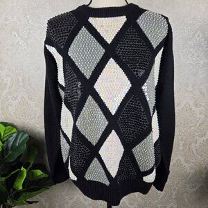 Alfred Dunner Petite Size Med Argyle Front Pullover Sweater Sequin Embellishment